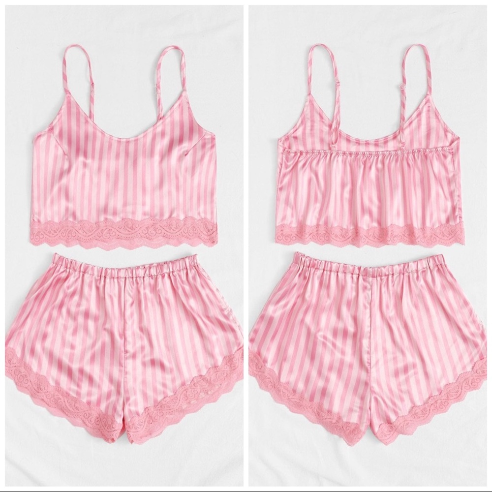 New Pink Striped Satin Silk-Like Lace Pajama Set - Picture 2 of 4